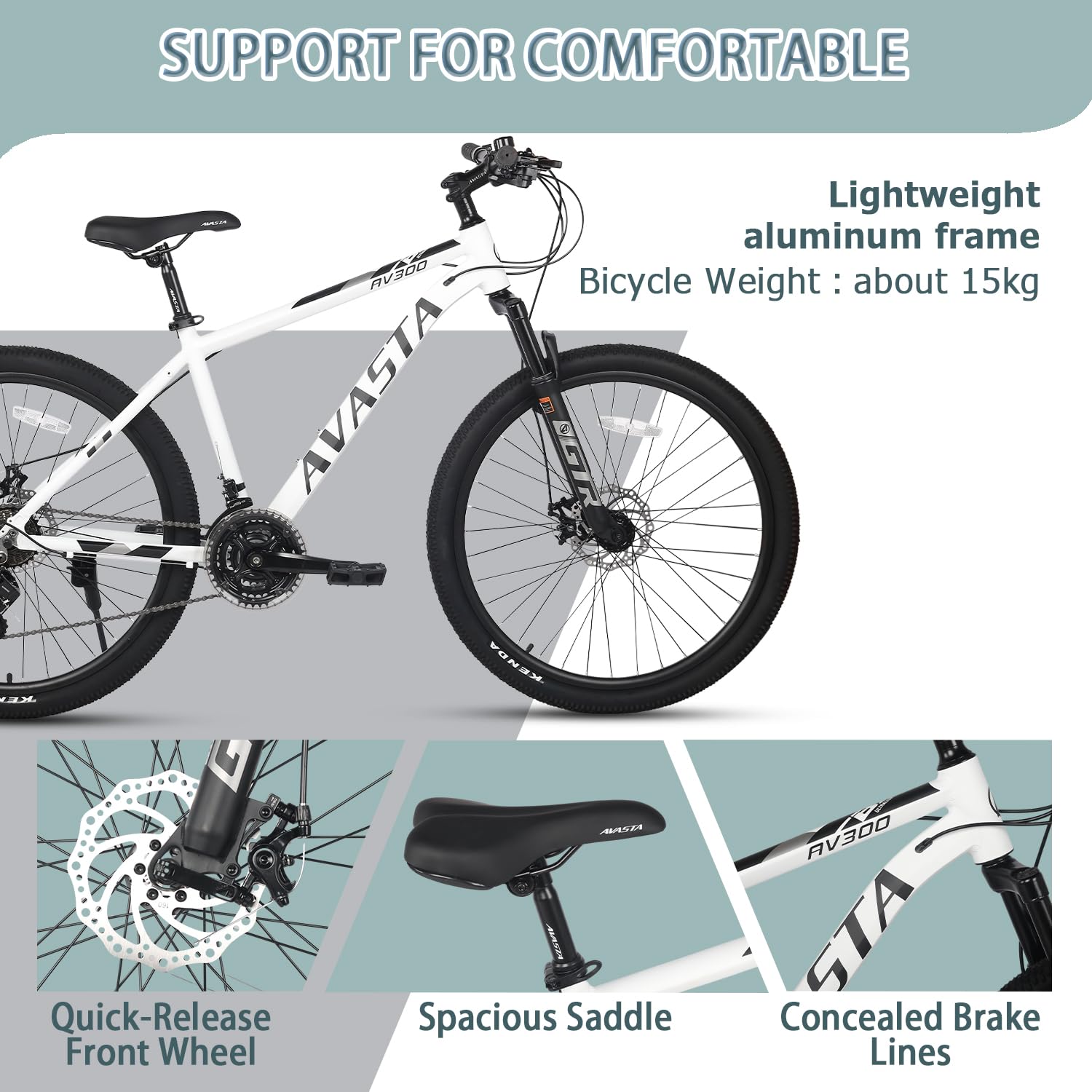 AVASTA AV300 26 27.5 inch Mountain Bike with 21-Speed, Aluminum Frame, Dual Disc Brake, Comfortable Saddle, Multiple Colors - Image 4