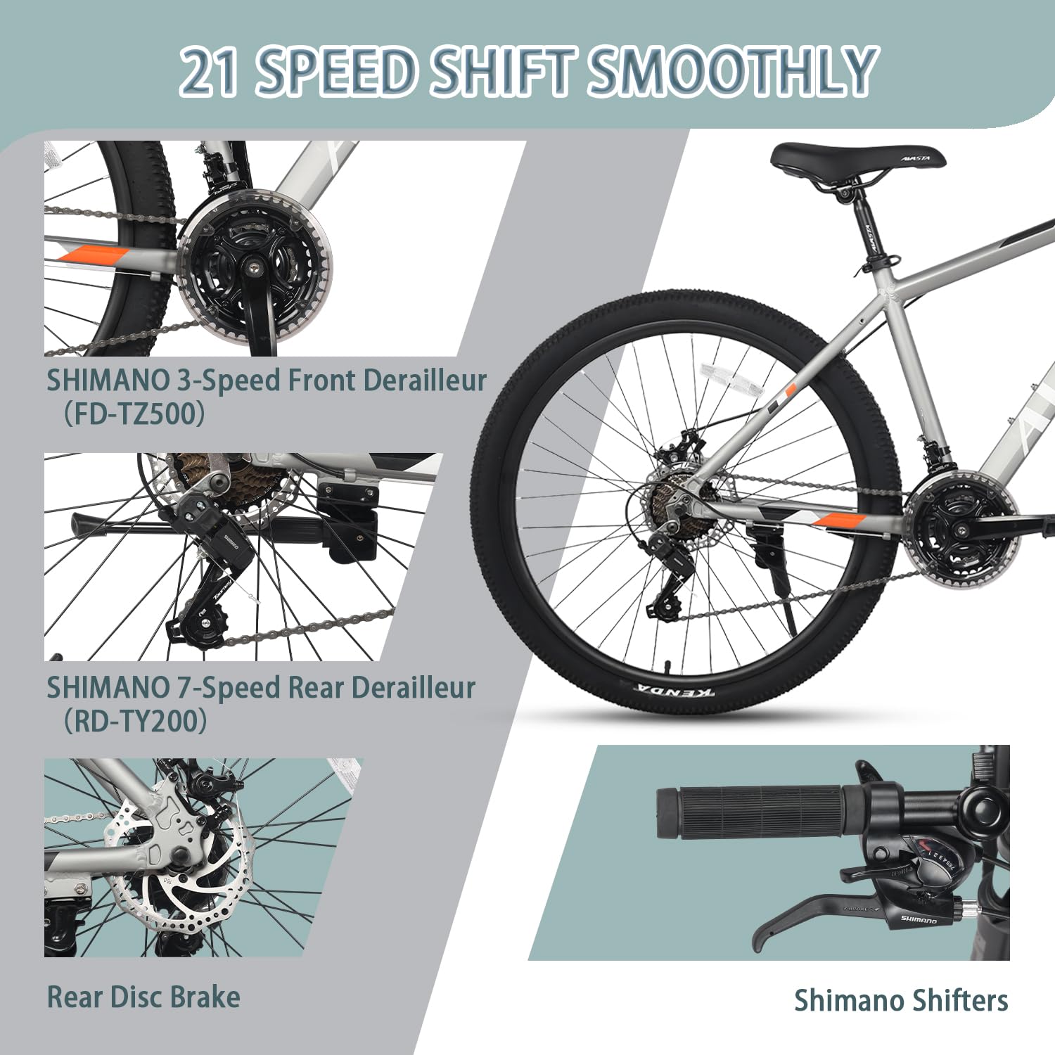 AVASTA AV300 26 27.5 inch Mountain Bike with 21-Speed, Aluminum Frame, Dual Disc Brake, Comfortable Saddle, Multiple Colors - Image 3