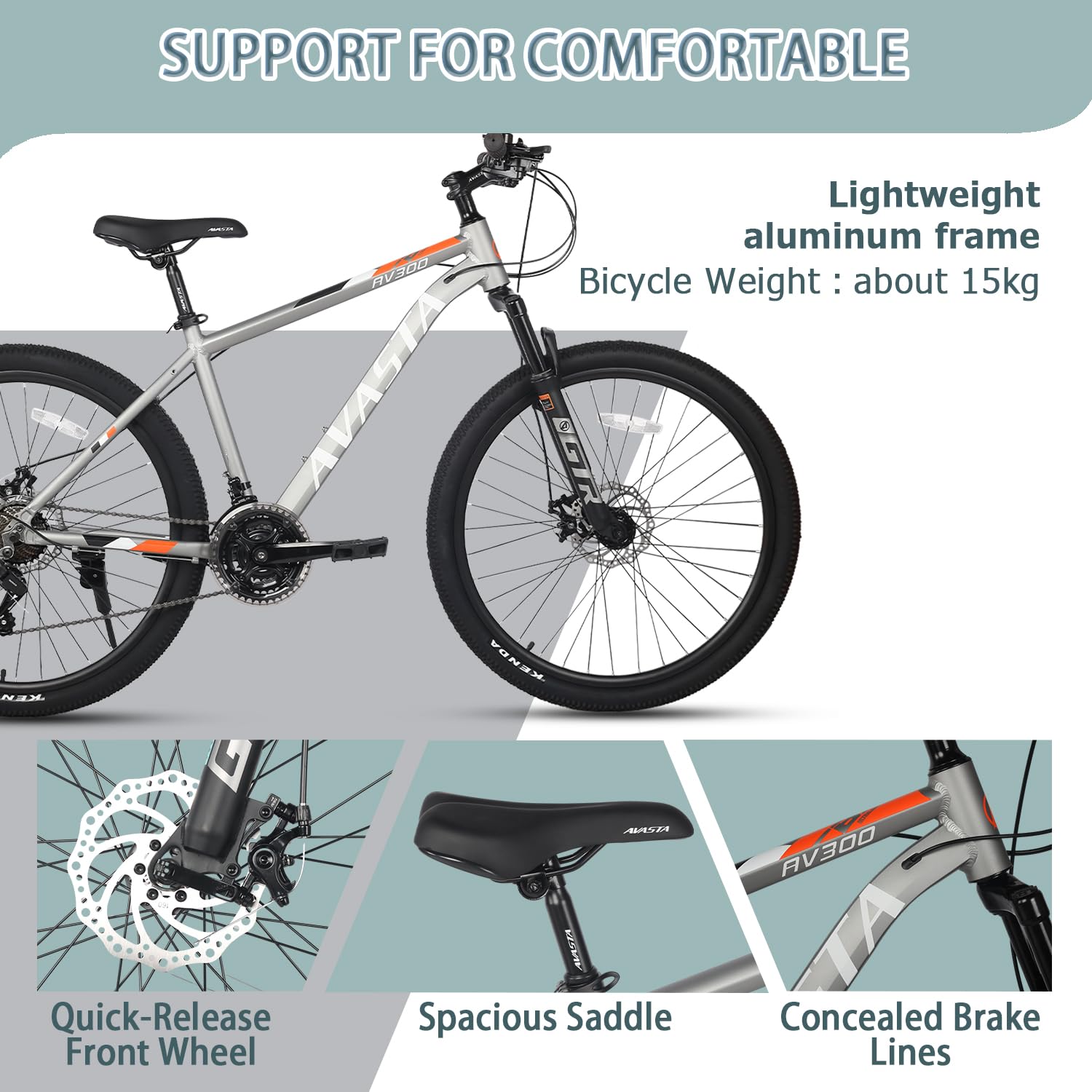 AVASTA AV300 26 27.5 inch Mountain Bike with 21-Speed, Aluminum Frame, Dual Disc Brake, Comfortable Saddle, Multiple Colors - Image 4