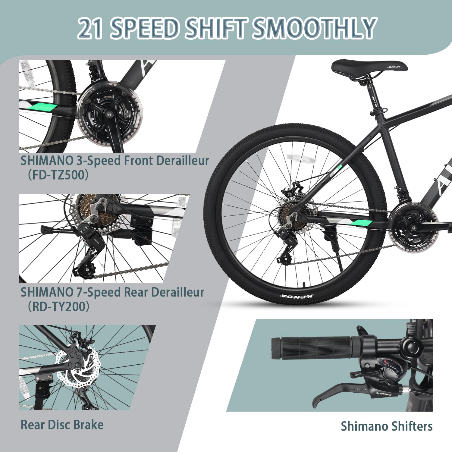 AVASTA AV300 26 27.5 inch Mountain Bike with 21-Speed, Aluminum Frame, Dual Disc Brake, Comfortable Saddle, Multiple Colors - Image 3