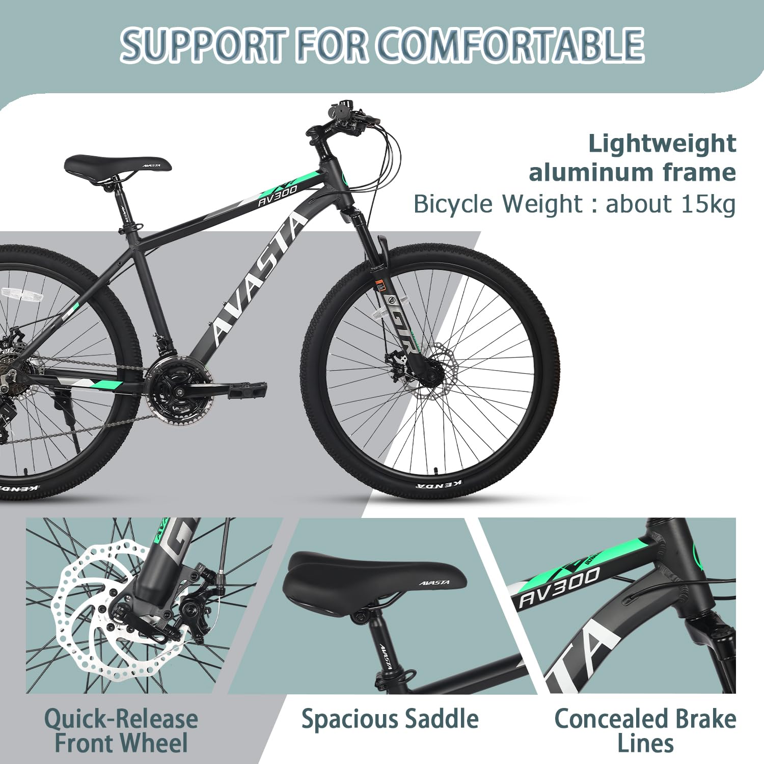 AVASTA AV300 26 27.5 inch Mountain Bike with 21-Speed, Aluminum Frame, Dual Disc Brake, Comfortable Saddle, Multiple Colors - Image 4