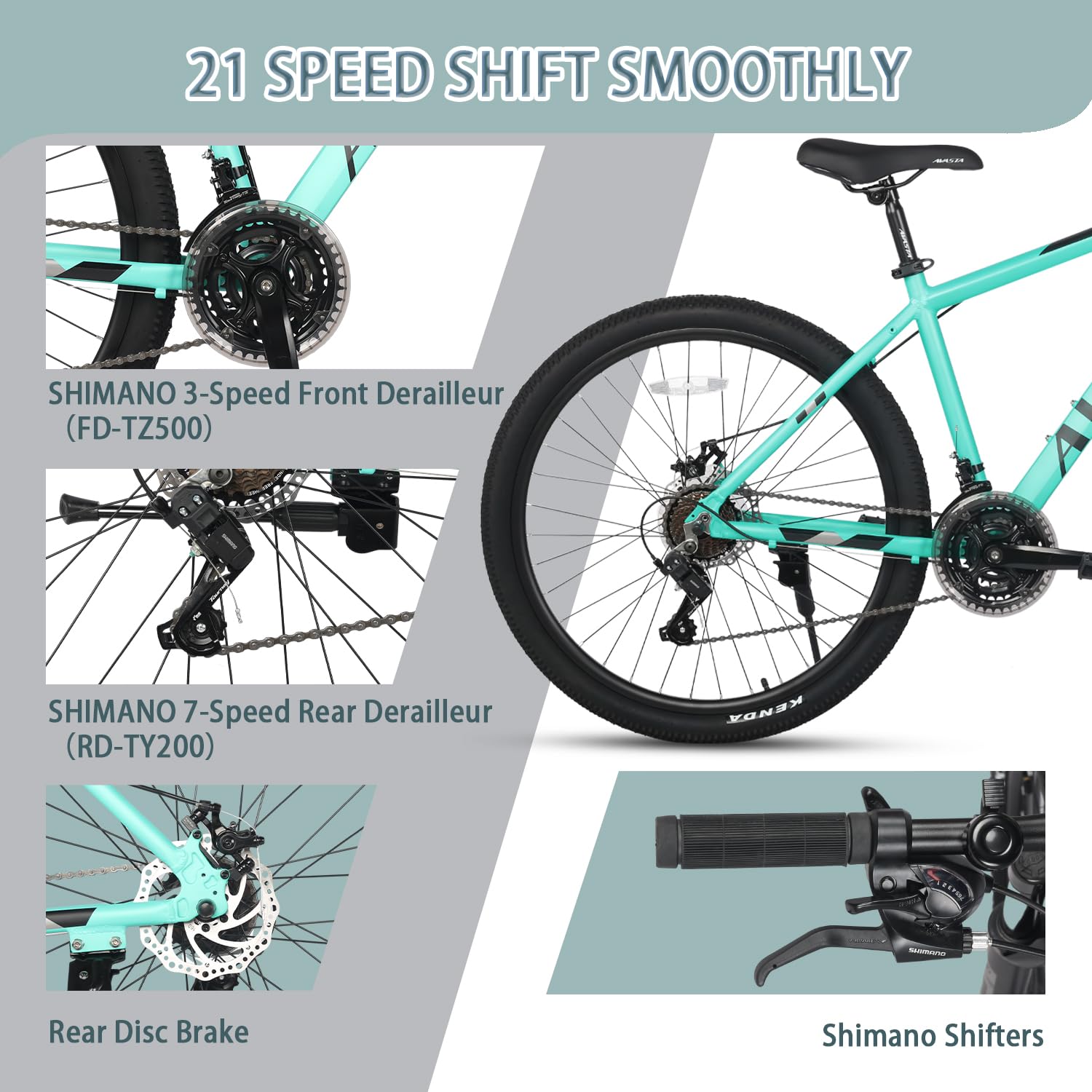 AVASTA AV300 26 27.5 inch Mountain Bike with 21-Speed, Aluminum Frame, Dual Disc Brake, Comfortable Saddle, Multiple Colors - Image 3