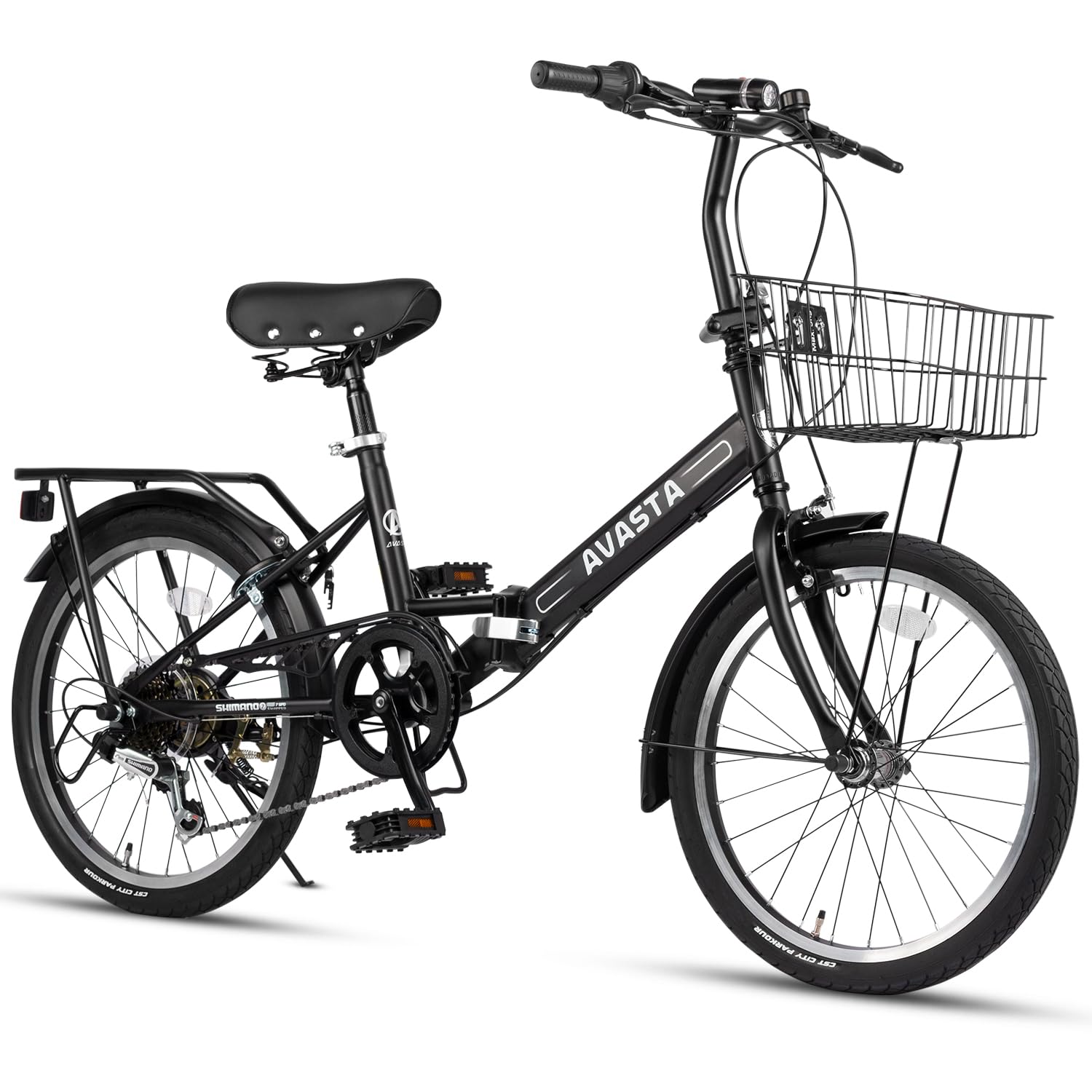 AVASTA Quartet 20 24 Inch Folding Bike with 7-Speed, Dual C-Brake, Fender, Rear Rack and Bicycle Basket, Mutiple Colors