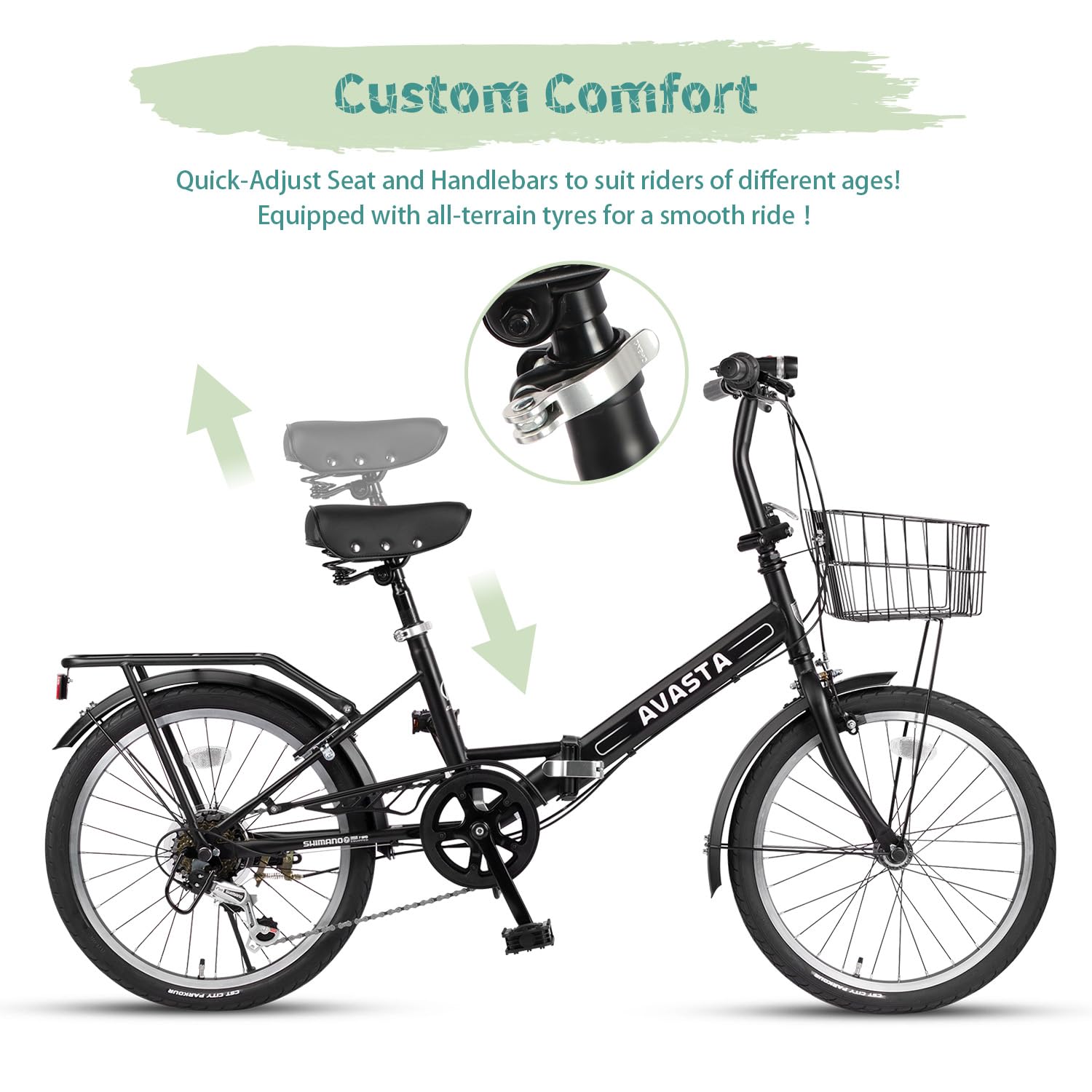 AVASTA Quartet 20 24 Inch Folding Bike with 7-Speed, Dual C-Brake, Fender, Rear Rack and Bicycle Basket, Mutiple Colors - Image 4