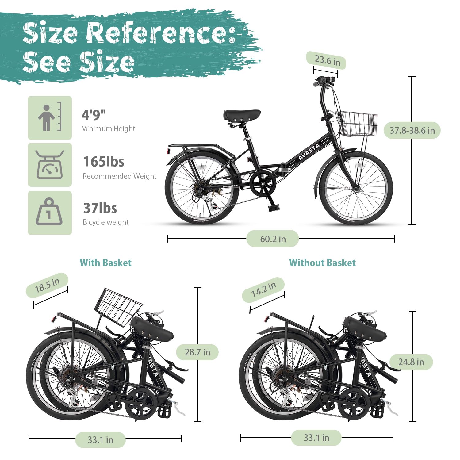 AVASTA Quartet 20 24 Inch Folding Bike with 7-Speed, Dual C-Brake, Fender, Rear Rack and Bicycle Basket, Mutiple Colors - Image 6