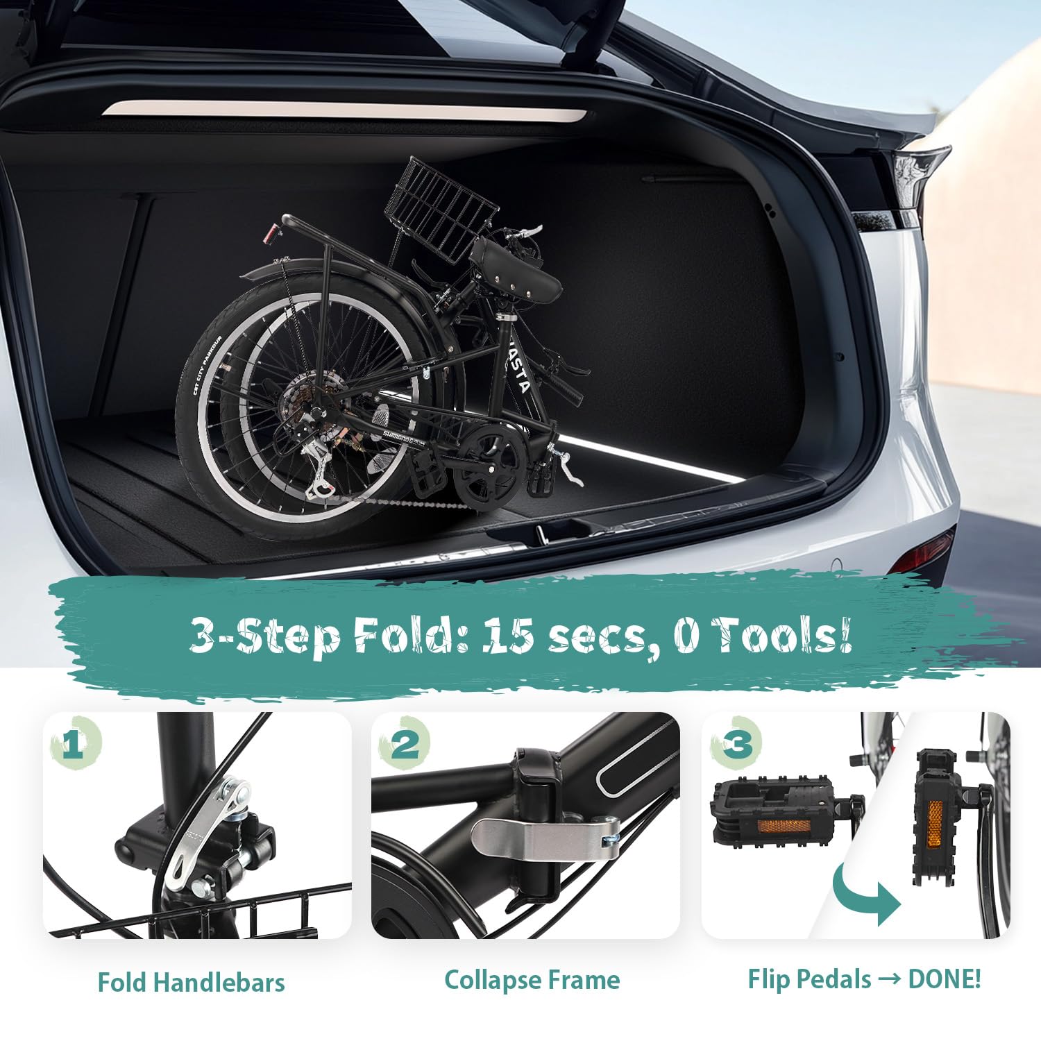 AVASTA Quartet 20 24 Inch Folding Bike with 7-Speed, Dual C-Brake, Fender, Rear Rack and Bicycle Basket, Mutiple Colors - Image 8