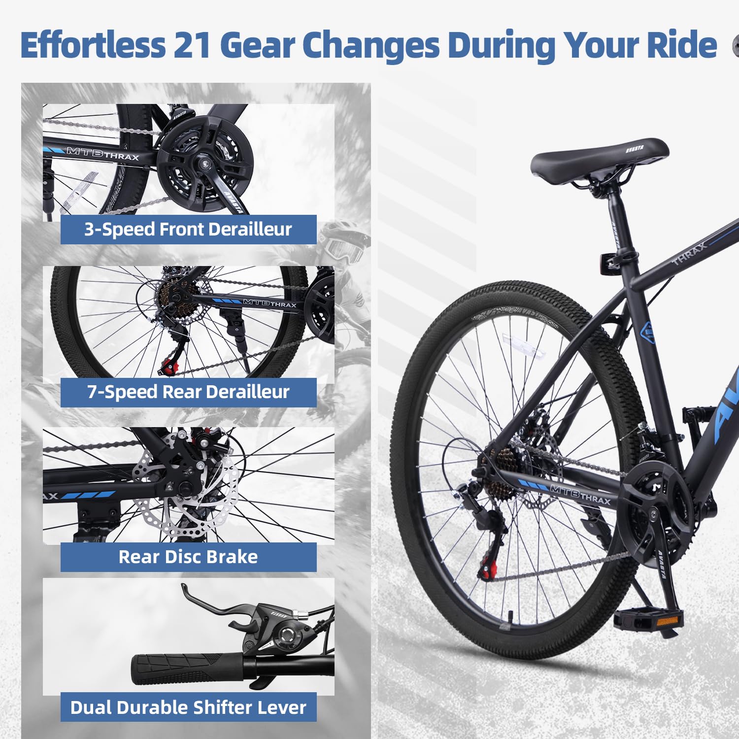 AVASTA Thrax 24 26 27.5 inch Mountain Bike with 21-Speed, High Tensile Steel Frame, Dual Disc Brake, Comfortable Saddle, Multiple Colors - Image 3