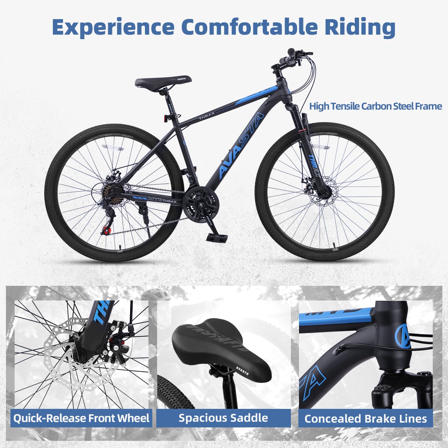 AVASTA Thrax 24 26 27.5 inch Mountain Bike with 21-Speed, High Tensile Steel Frame, Dual Disc Brake, Comfortable Saddle, Multiple Colors - Image 4