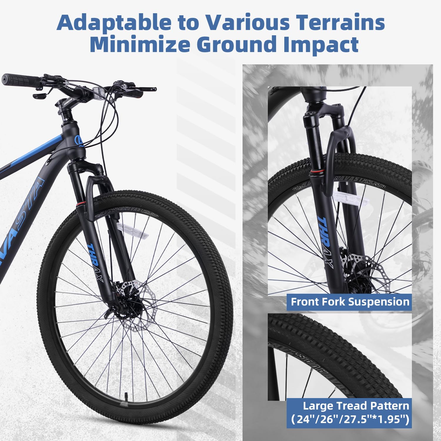 AVASTA Thrax 24 26 27.5 inch Mountain Bike with 21-Speed, High Tensile Steel Frame, Dual Disc Brake, Comfortable Saddle, Multiple Colors - Image 5